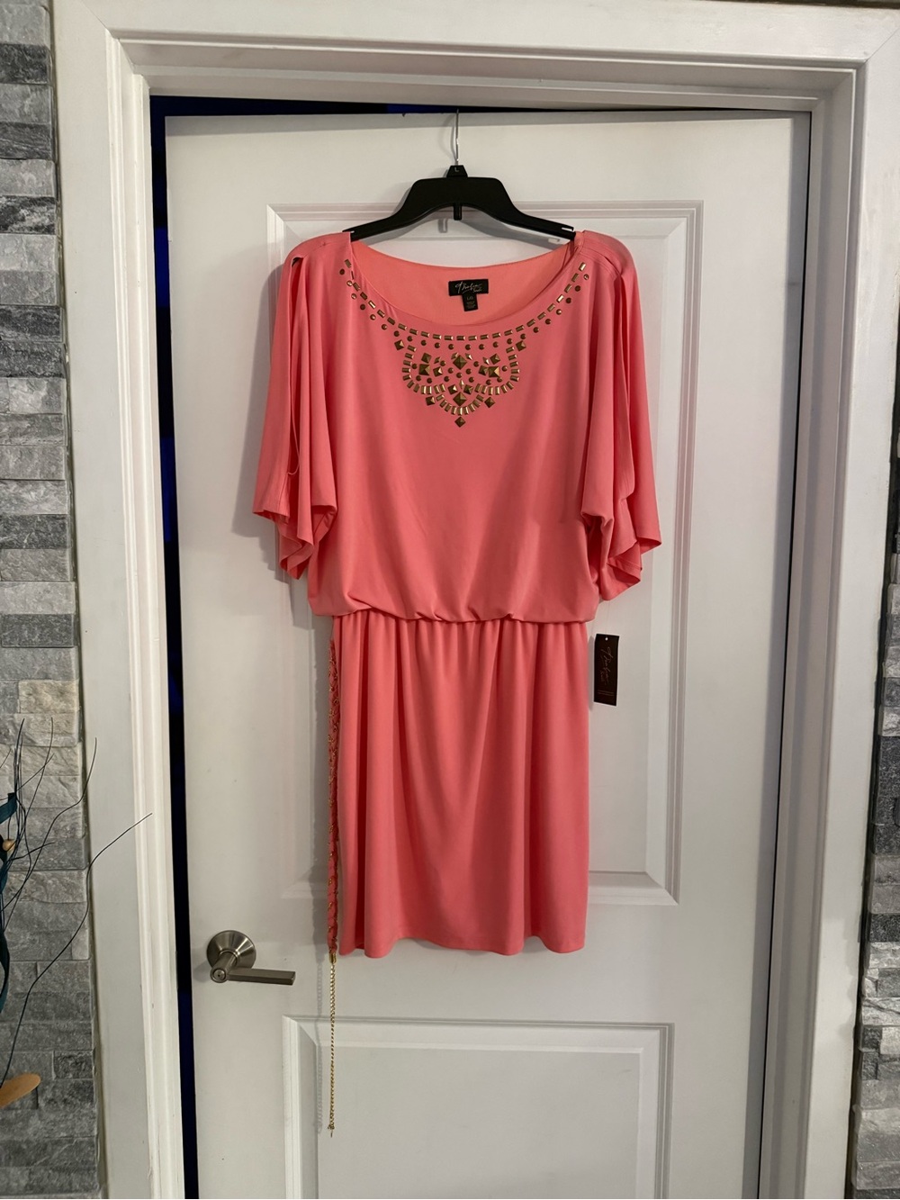 Peach City Chic Coral Mini Dress with Gold Embellishment
